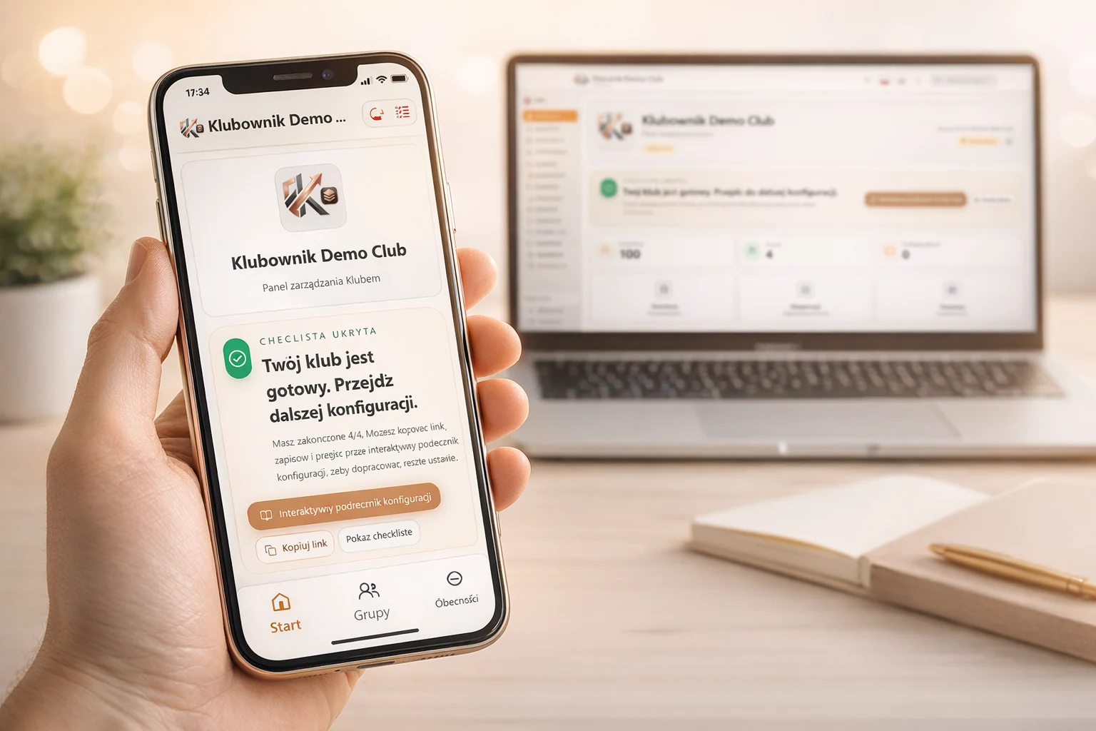 Phone mockup showing Klubownik screens for the club owner and participant