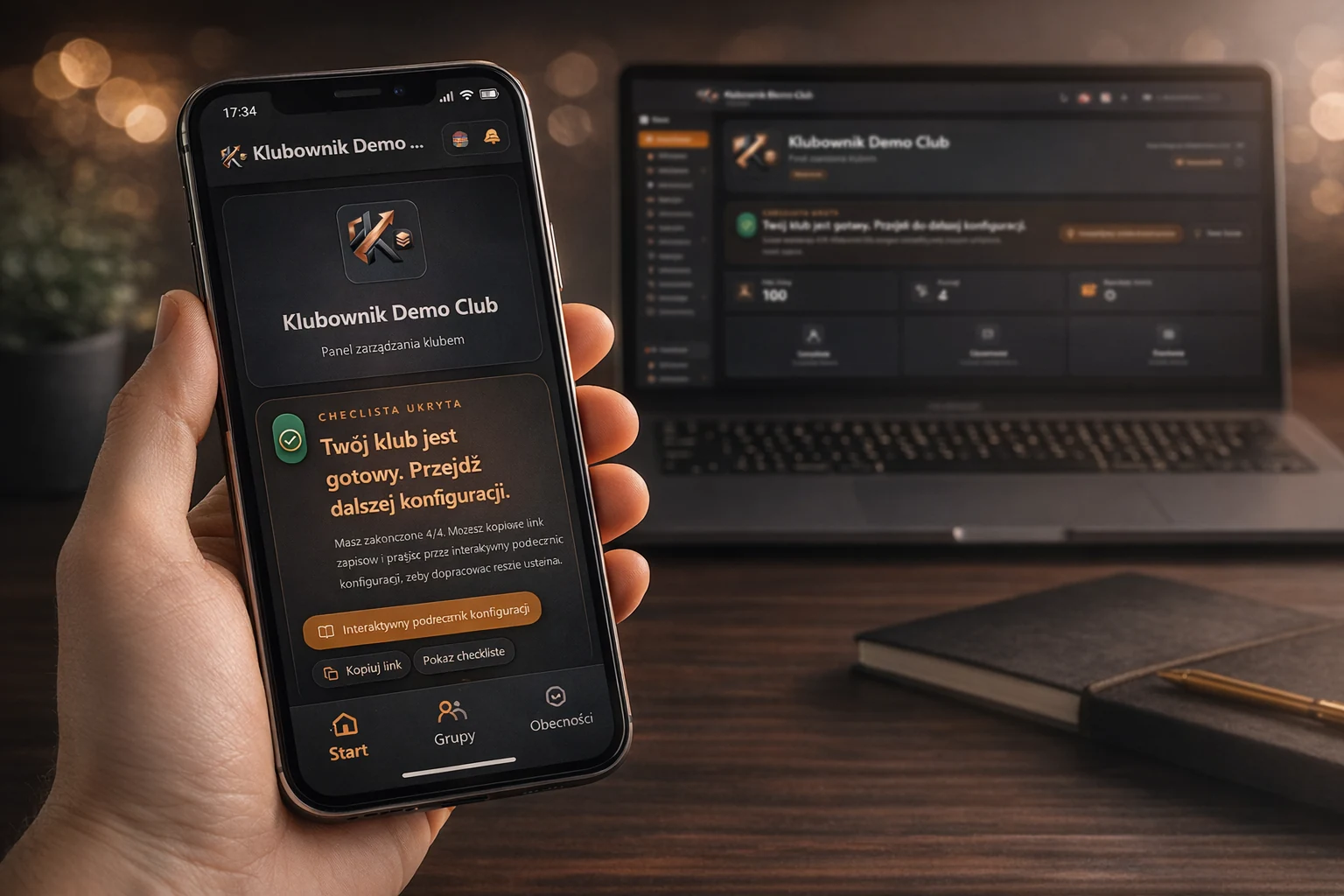 Dark Klubownik product mockup on a phone and laptop