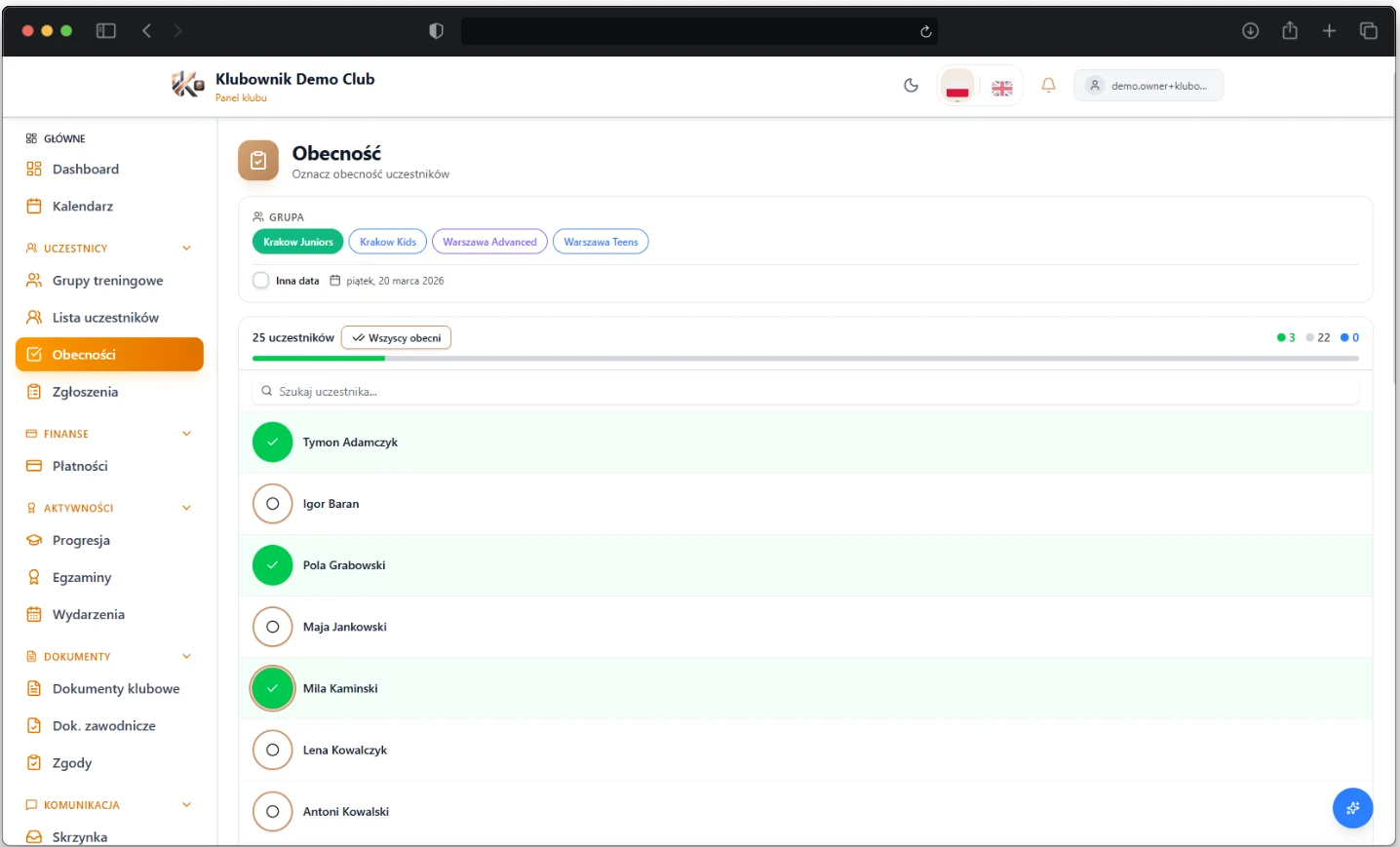 Attendance tracking panel