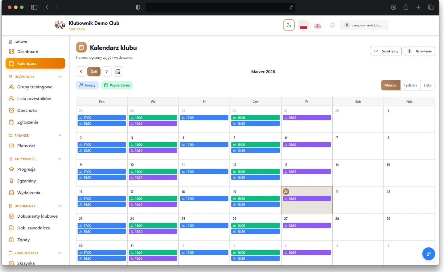 Club schedule calendar