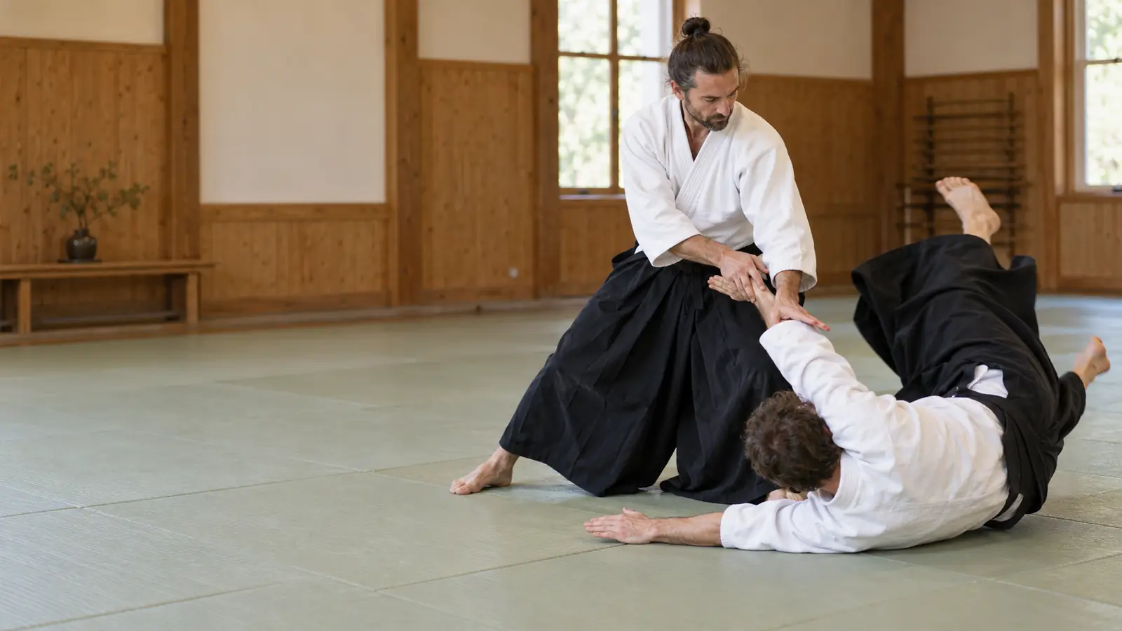 An aikidoka in a hakama performs a throw while the partner takes a soft fall on the mat