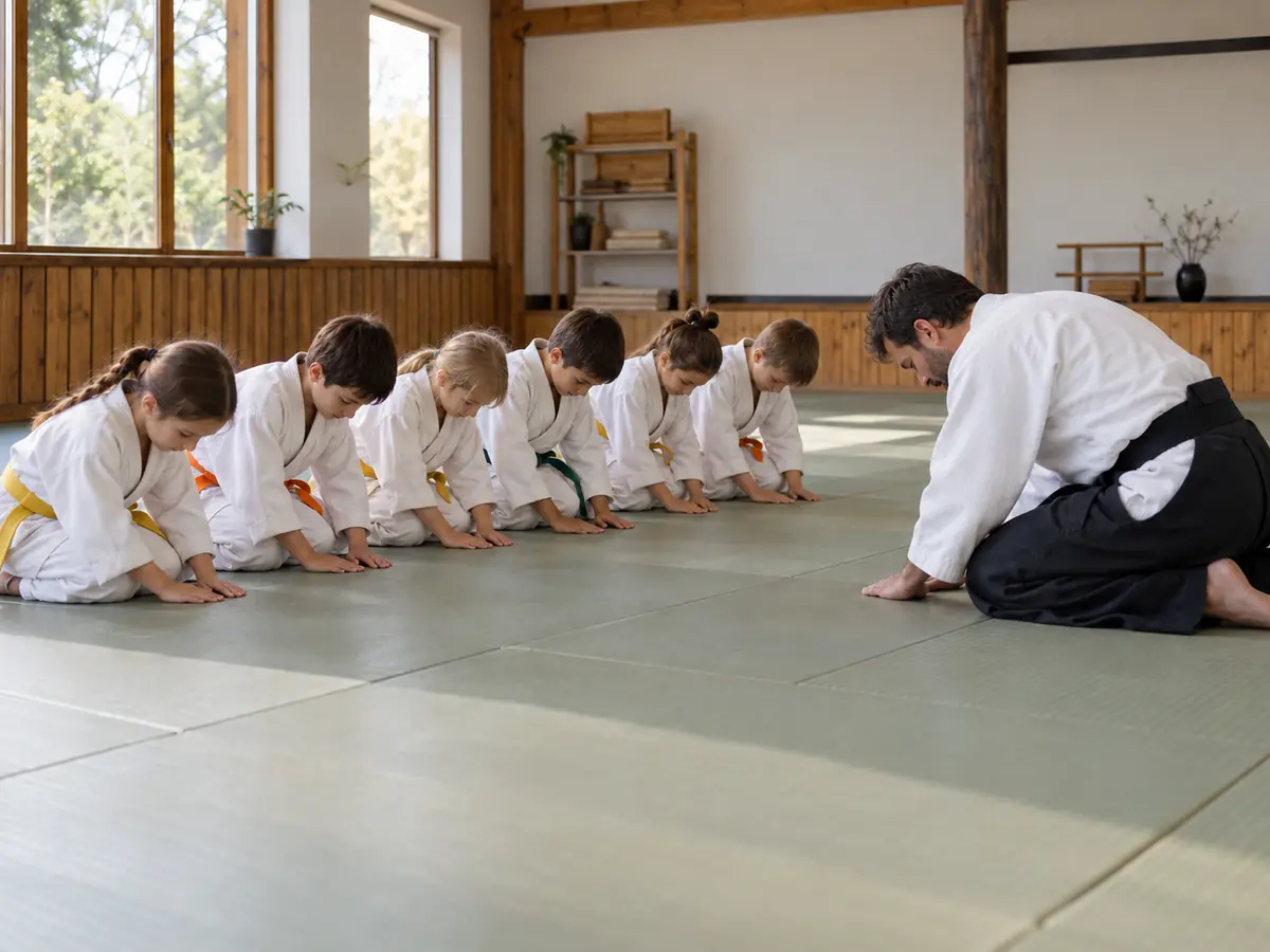 Children with coloured belts bow to the instructor at the start of an aikido class
