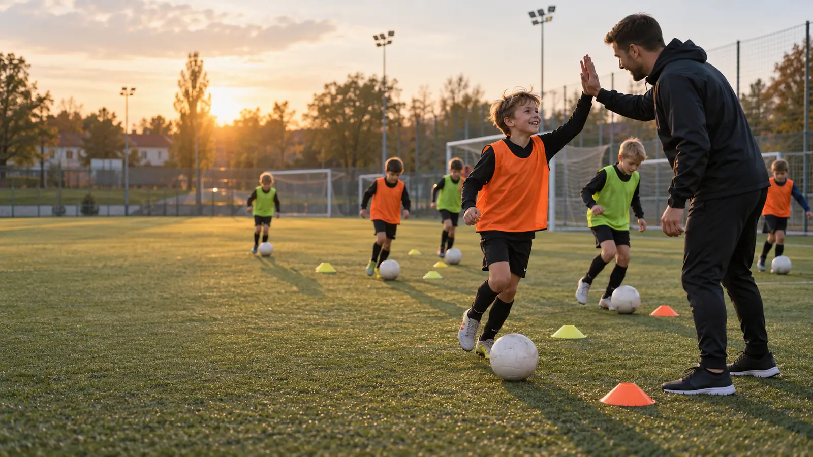 Young footballers in training dribble the ball between cones