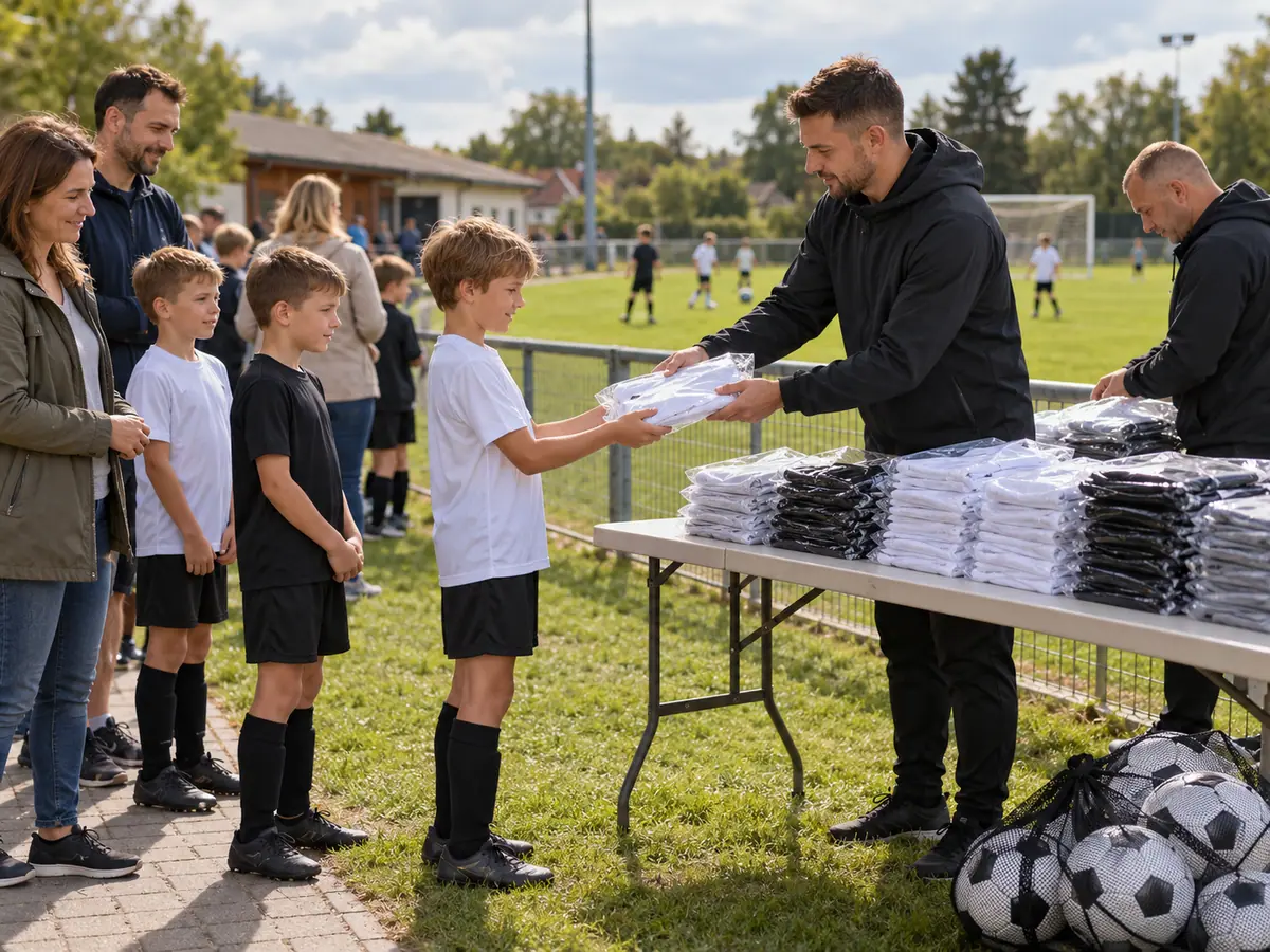 A coach hands out new training outfits to children before the season