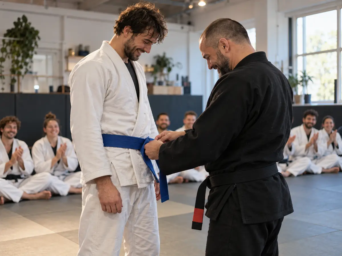 The instructor ties a new blue belt on a student while the group applauds