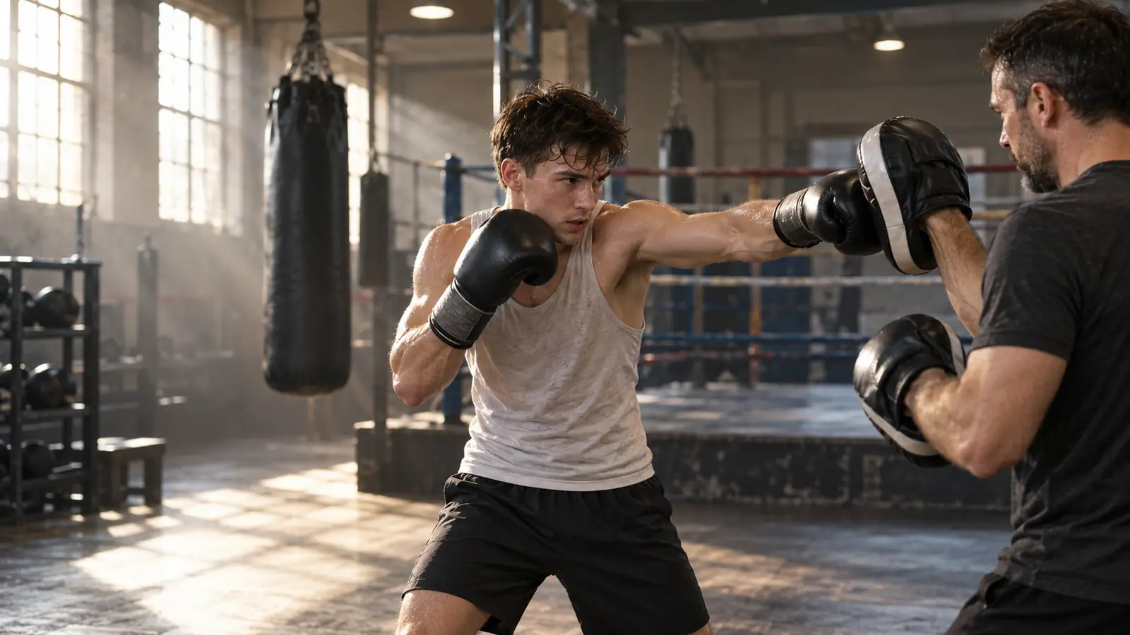 A young boxer throws a straight punch into pads held by the coach
