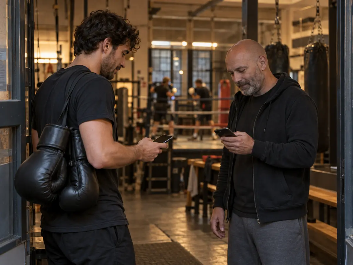 A boxer with gloves over his shoulder and the coach with phones at the club entrance