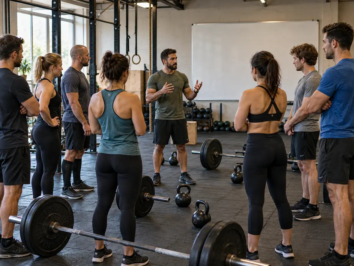 A coach goes over the workout with a small group before class starts