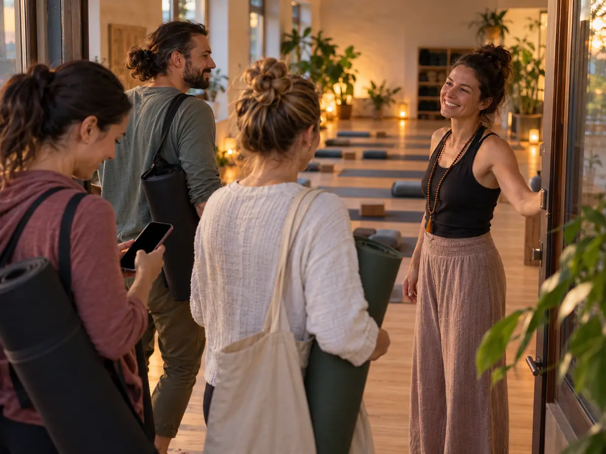Participants arrive for a yoga class, and the teacher greets them at the entrance