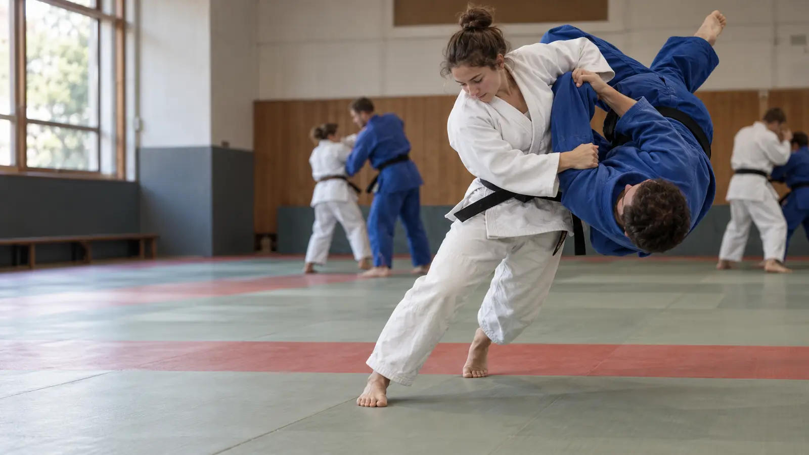 A judoka in a white judogi throws a partner in a blue judogi over her shoulder