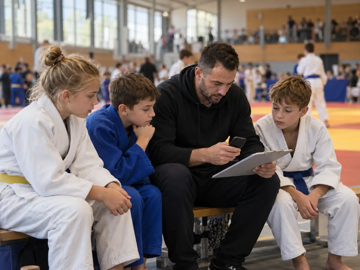 A coach with a clipboard and phone talks to young judoka before their bouts at a tournament