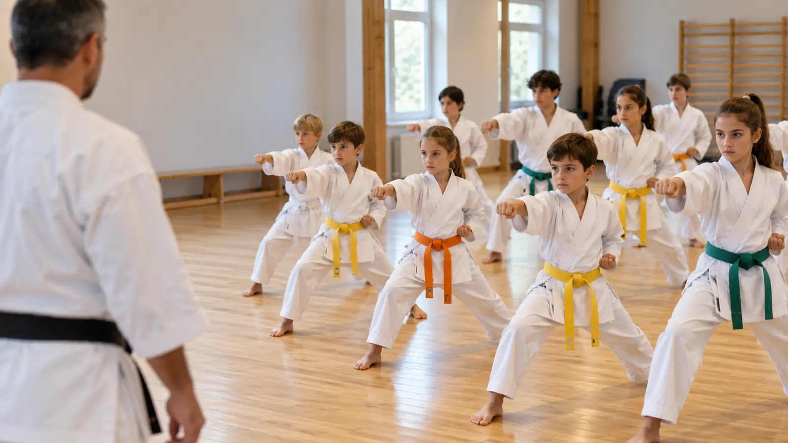 Children in karate gis with coloured belts practise a stance and punch in front of the instructor