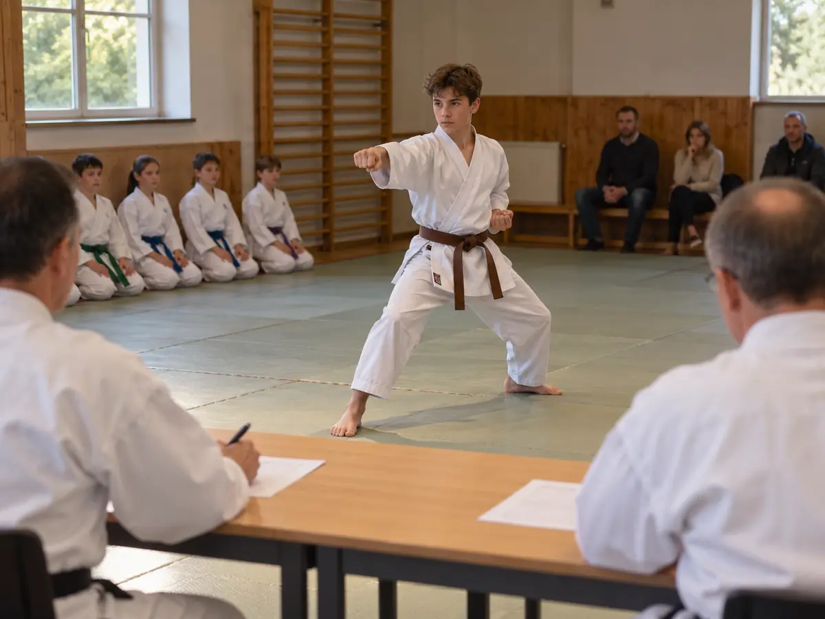 Karate exam: a student performs kata before the panel while the rest of the group waits by the wall