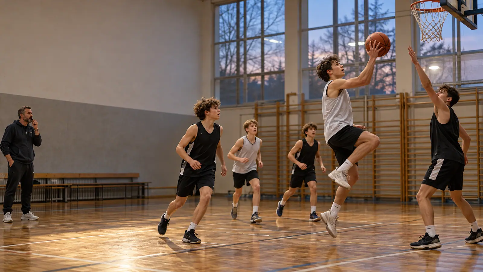 A youth basketball team trains in the club’s hall