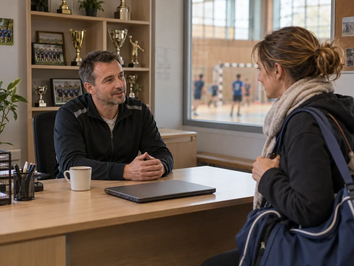 The club manager talks with a parent in the club office