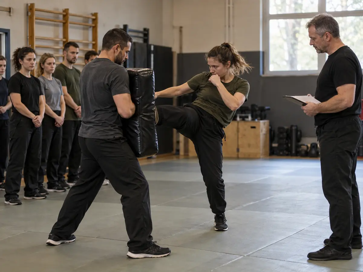 Krav maga exam: a kick into a shield while the instructor grades with a clipboard