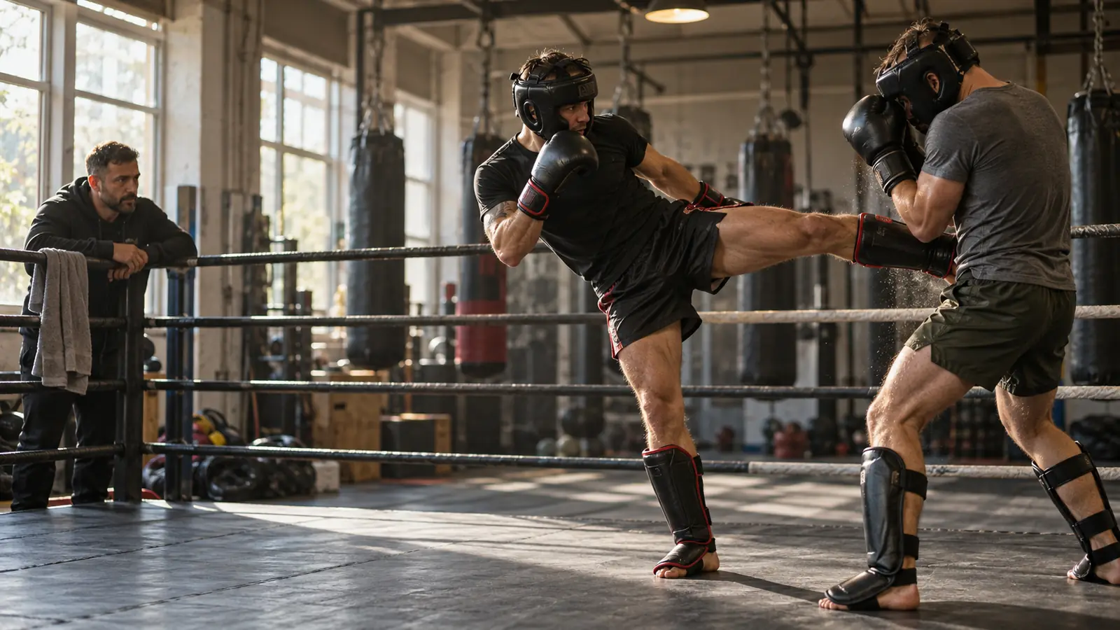 Kickboxing sparring in the ring: a roundhouse kick and a block