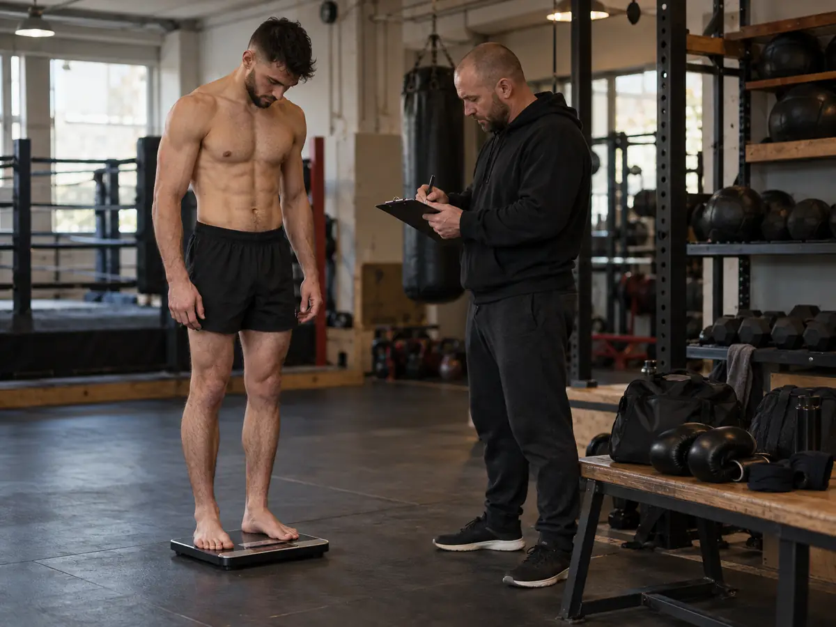 A fighter on the scale before a bout while the coach notes the weigh-in result