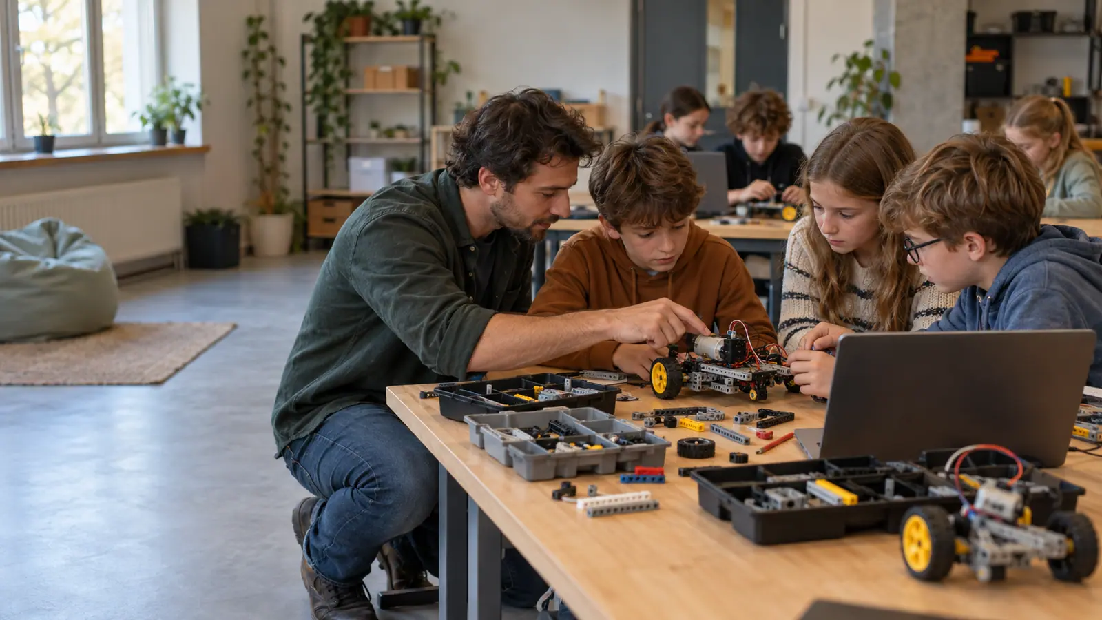 Children build robots from bricks in a robotics class