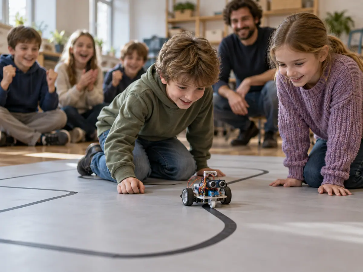 Students test their robot on a track while the rest of the group cheers