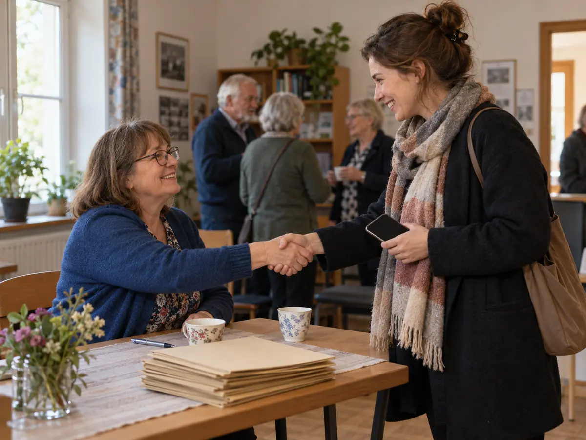 An association volunteer welcomes a new member in the clubroom