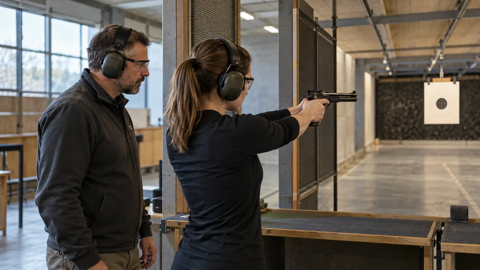 A shooter wearing ear protection aims at the target while the instructor supervises