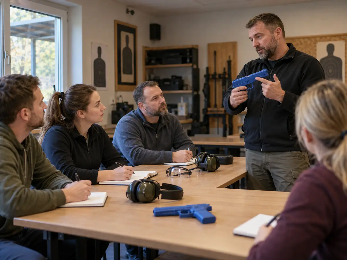Shooting course: the instructor explains safety rules using a dummy pistol