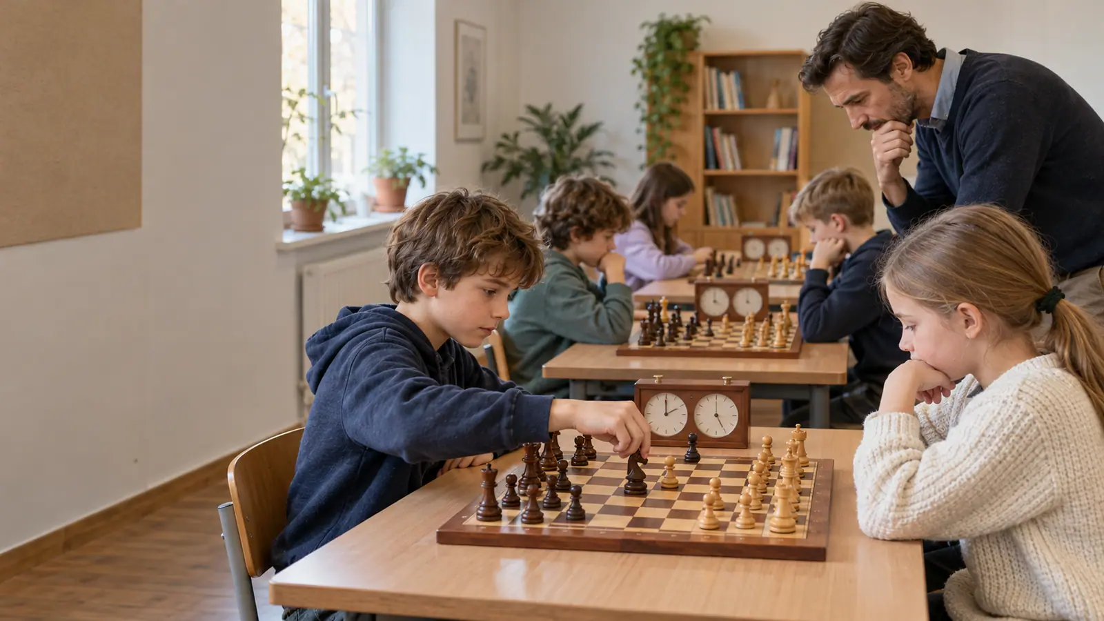 Children play chess in class while the instructor watches the game