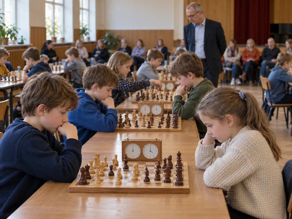 A children’s chess tournament in a hall, parents waiting in the background