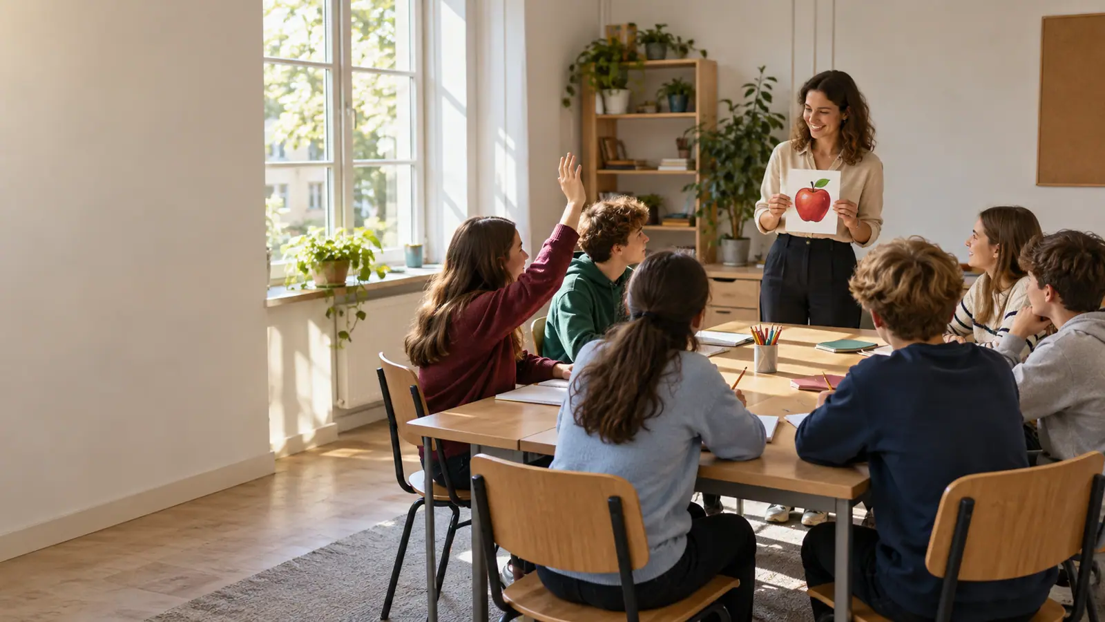 A small group of teenagers in a language class with their teacher