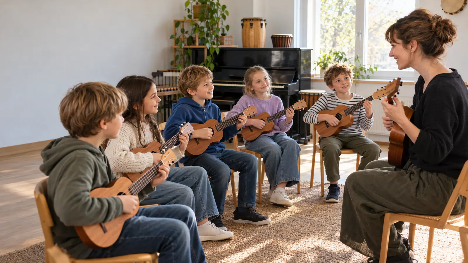 Early music class: children play the ukulele with their teacher