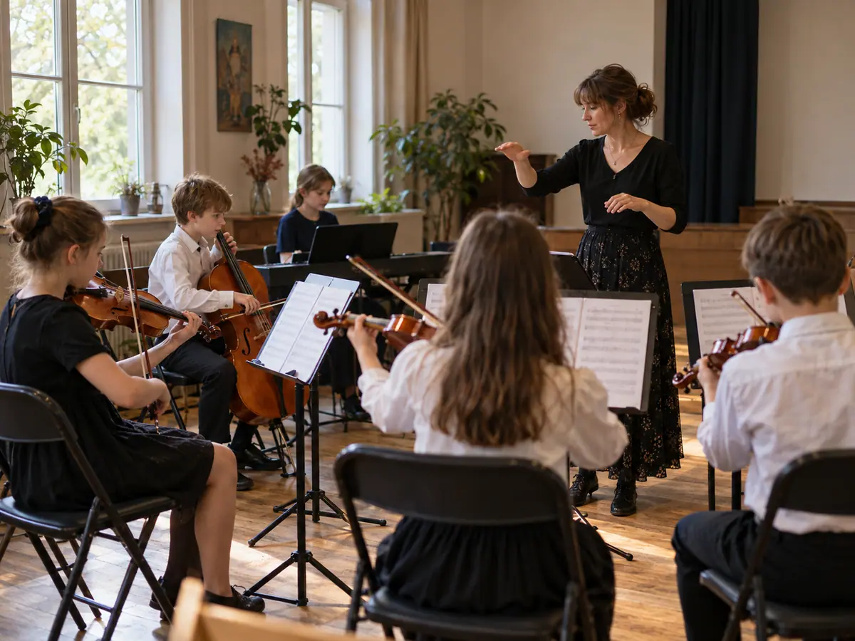 A children’s band rehearsing before the music school concert