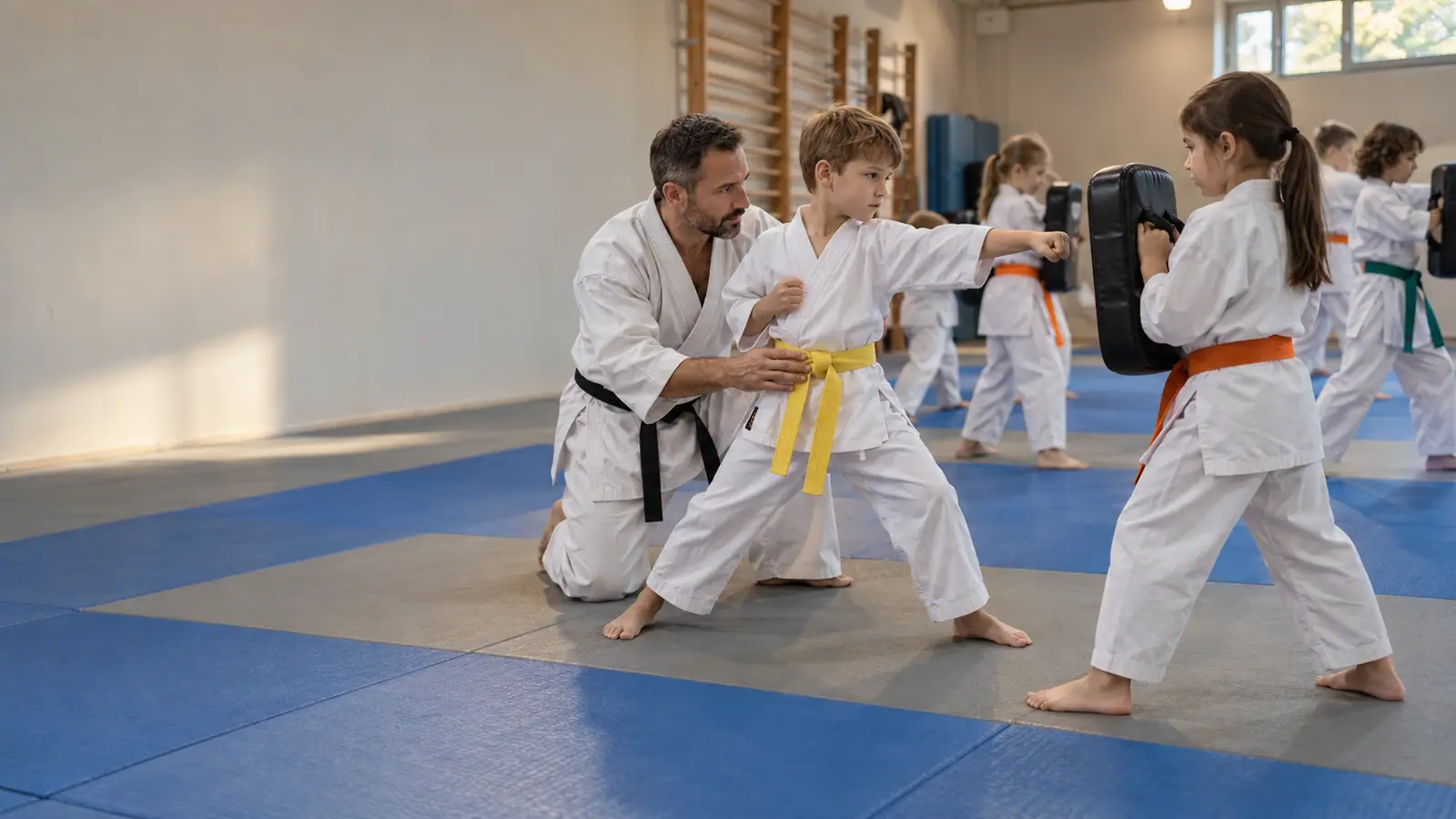 A group of children practise in pairs on the tatami under an instructor’s eye