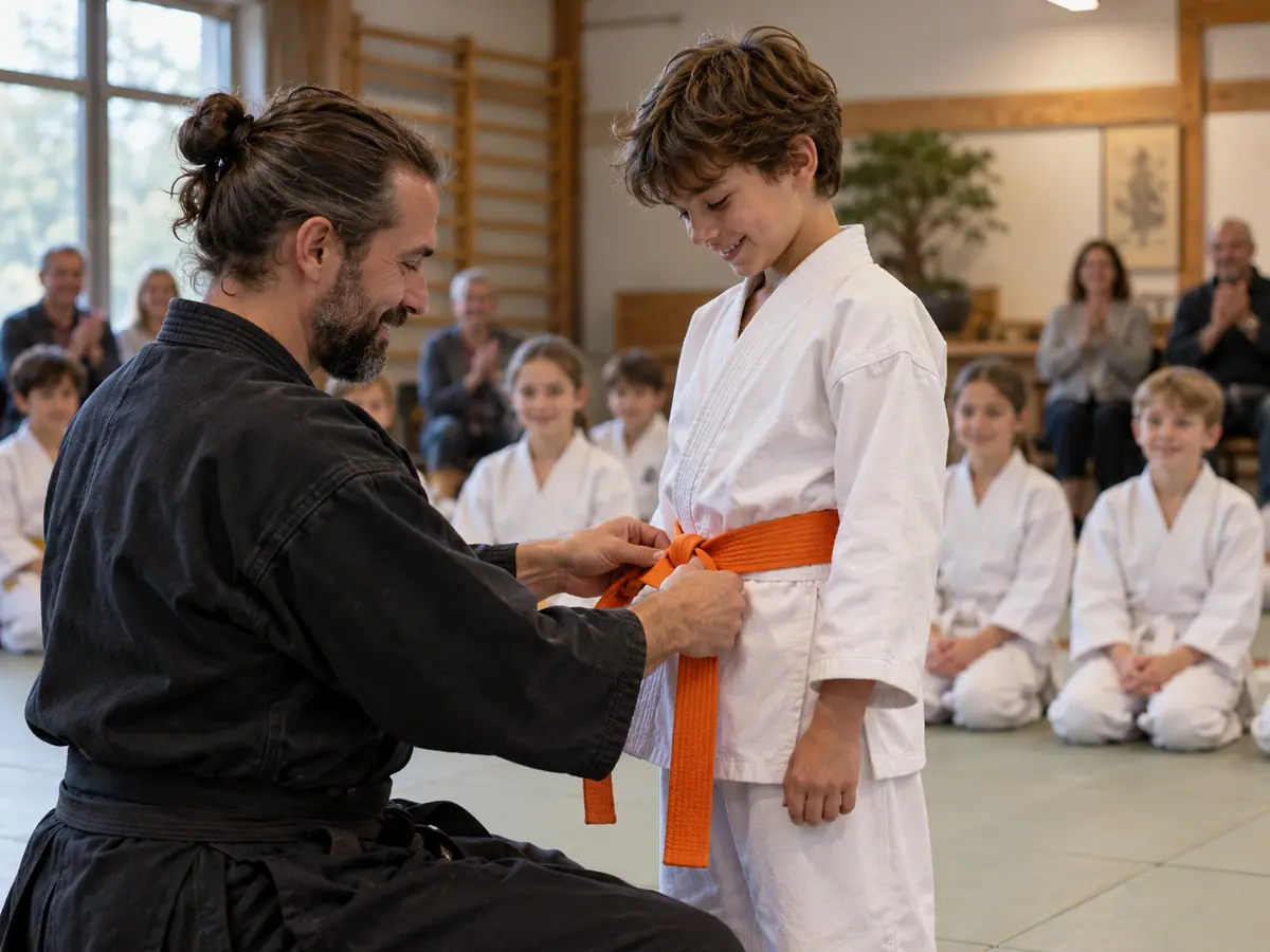 An instructor ties a new belt on a student after an exam