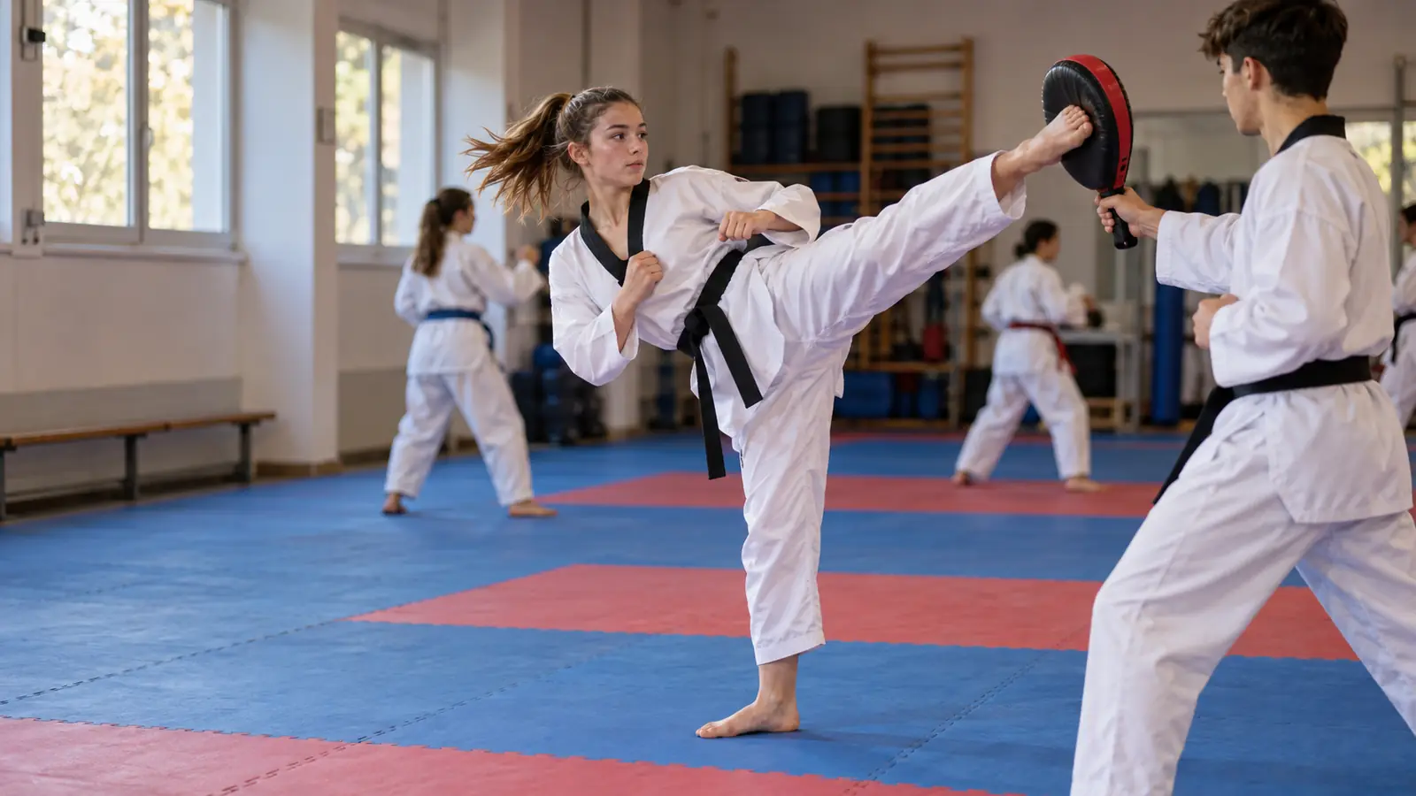 A taekwondo athlete in a dobok delivers a high kick to a paddle