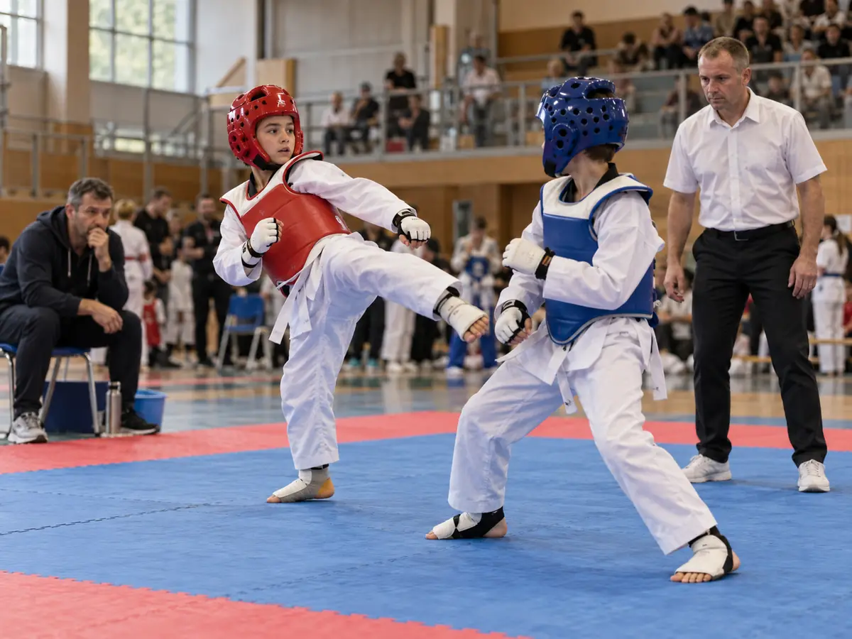 Juniors in protective gear spar at a taekwondo tournament, with a referee alongside