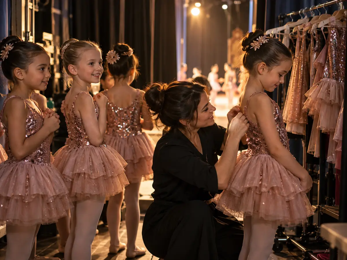 Backstage before a show, the teacher adjusts a young dancer’s costume