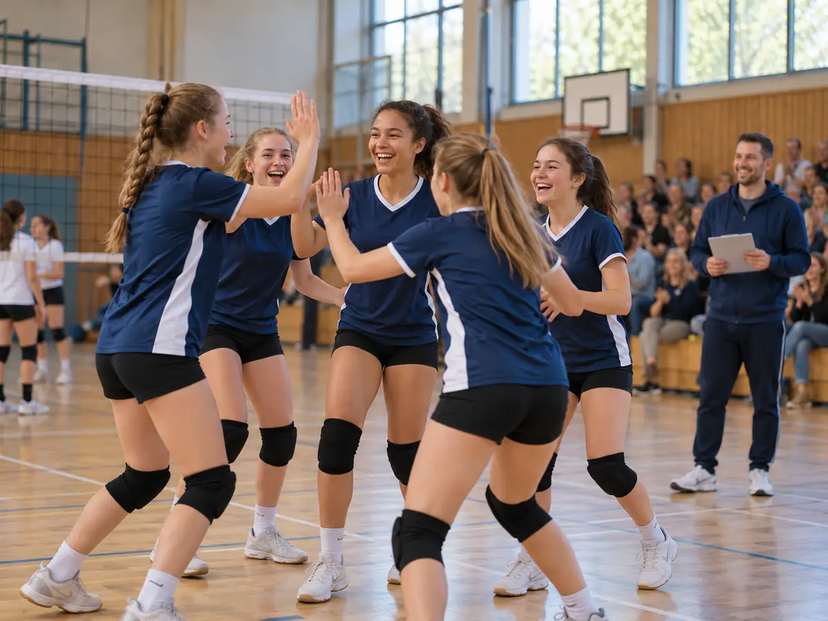 Volleyball players celebrate a point while the coach stands by the sideline with notes