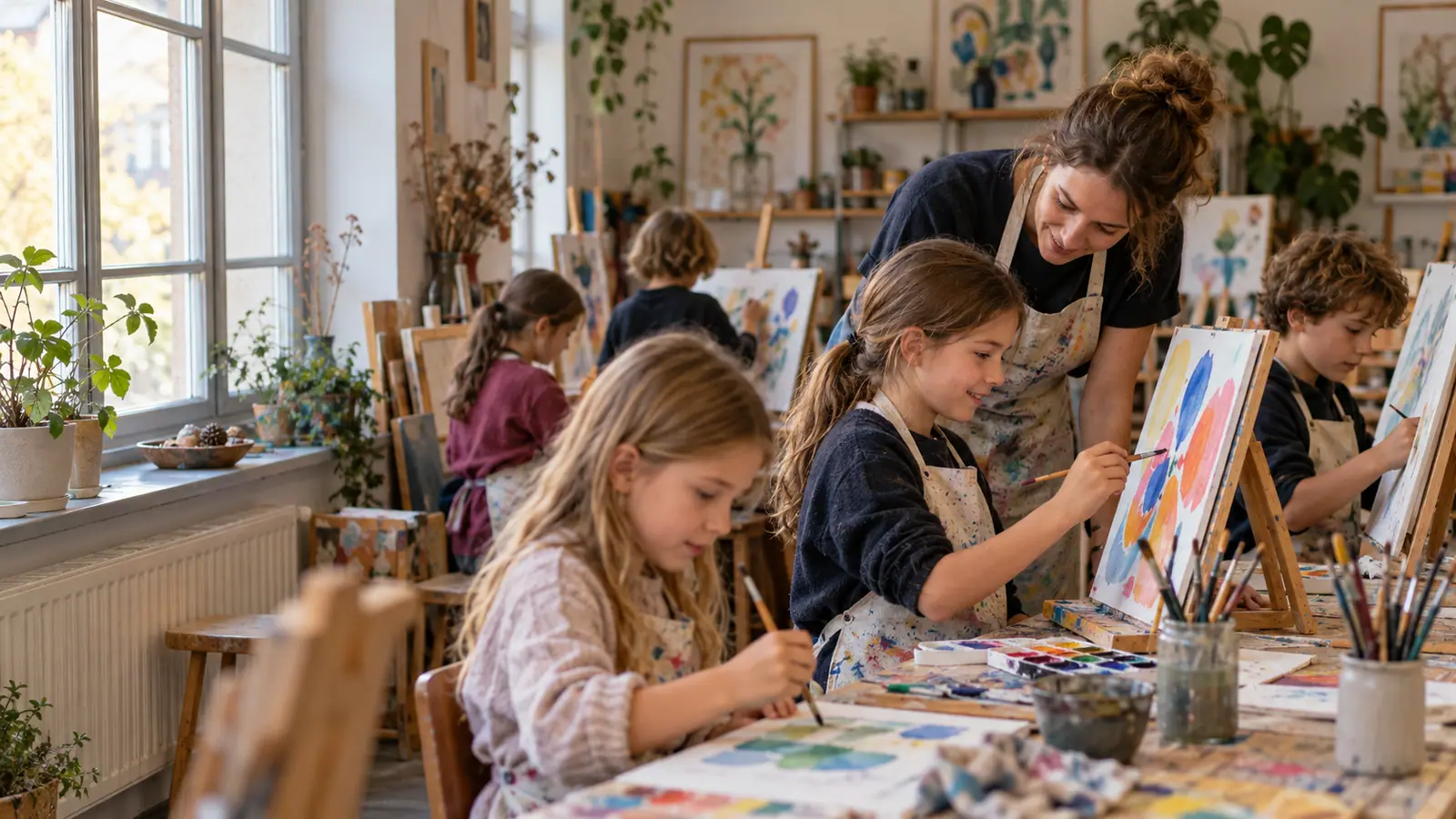Children paint at easels in an art class