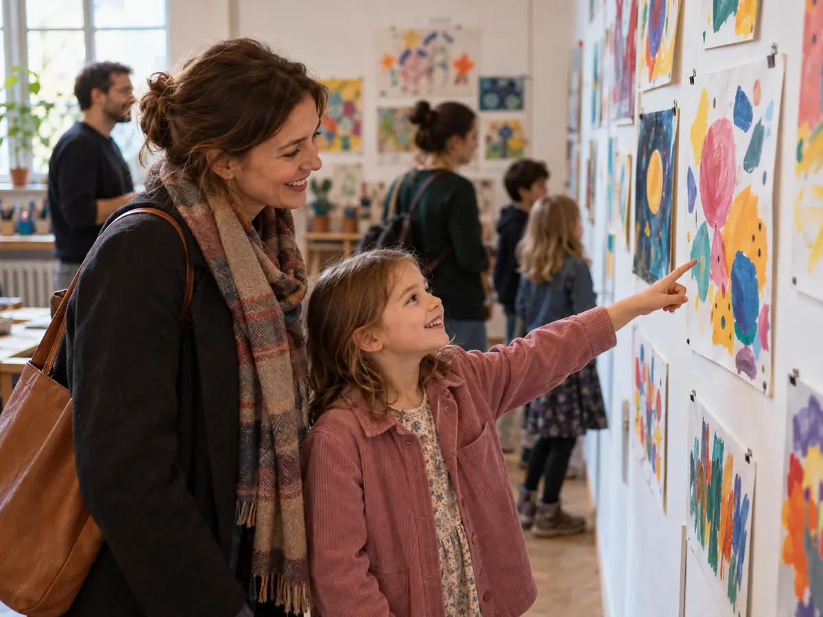 Parents look at an exhibition of the children’s work after class