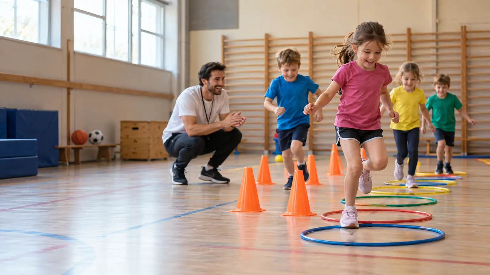 Children run a slalom between cones and hoops while the coach cheers them on