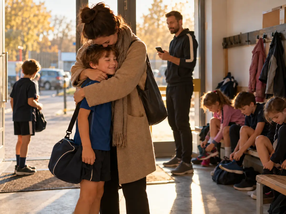 A mother greets her son after class while the coach checks the list on his phone