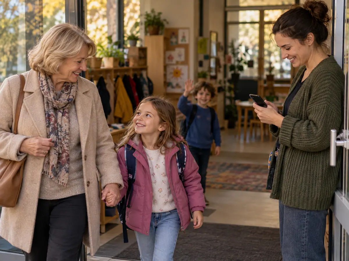 A grandmother picks up a child from the activity while the carer checks the list on her phone