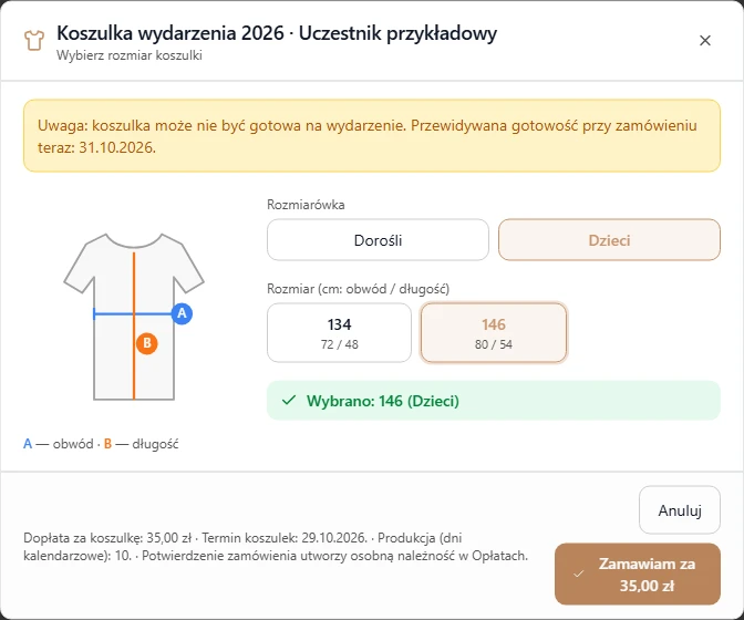 Domówienie koszulki z ceną, terminem i ostrzeżeniem o możliwym spóźnieniu produkcji