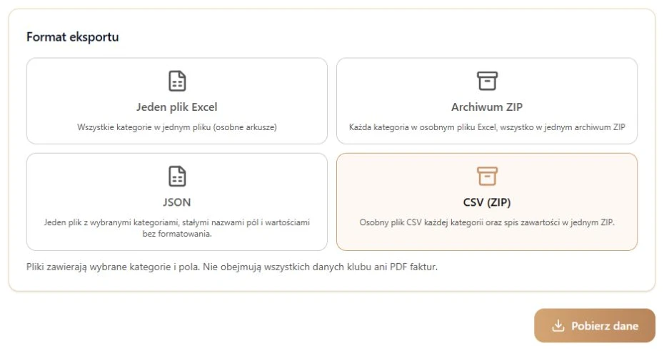 Cztery dostępne formaty i przycisk pobrania wybranego zestawu.