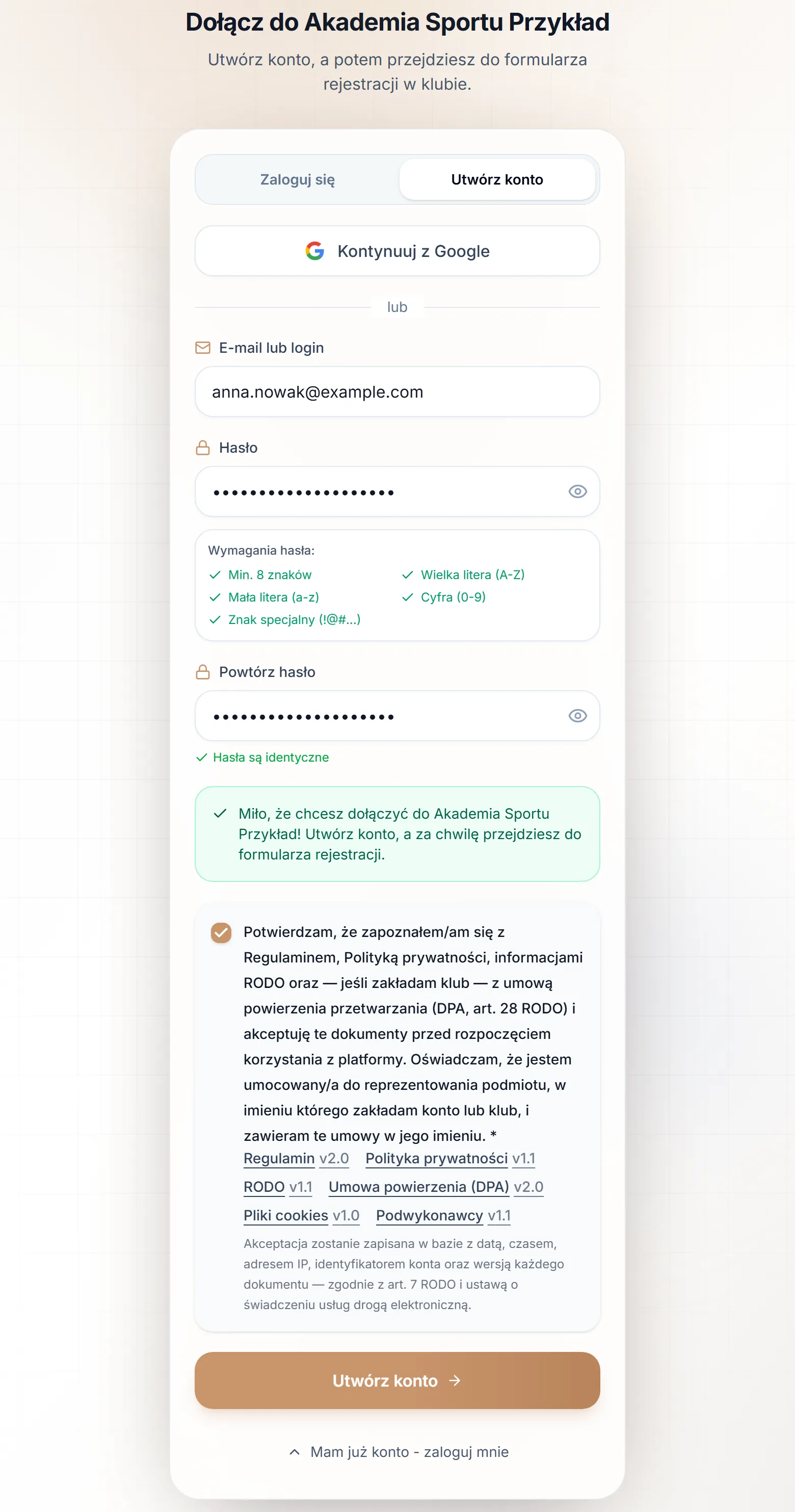 Formularz „Dołącz do” — zakładka „Utwórz konto”