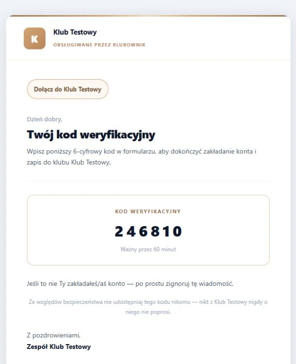 Rzeczywisty e-mail z kodem rejestracji — fikcyjne dane, bez wysyłki do skrzynki