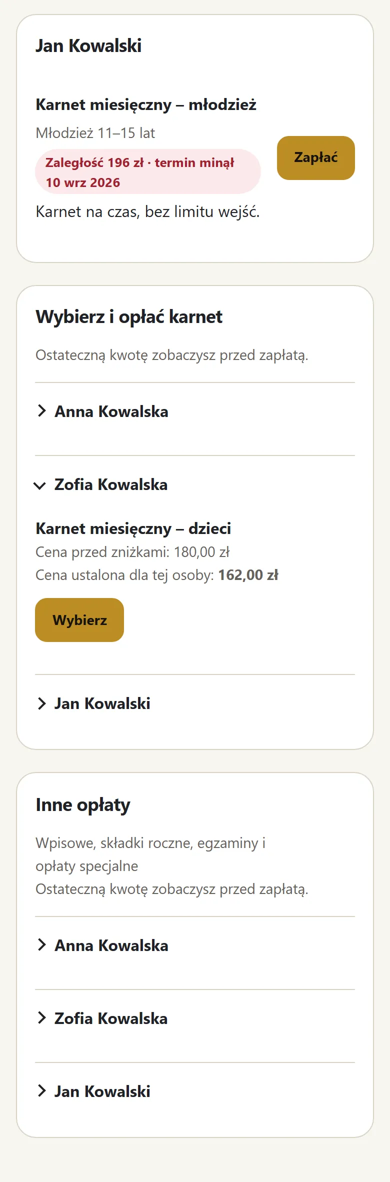 Karnety rodziny, wybór karnetu i inne opłaty