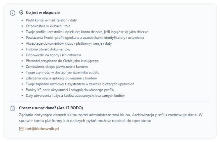 Moje dane — zakres kopii i kontakt w sprawie usunięcia