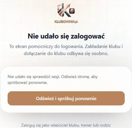 Niepotwierdzony odczyt sesji lub 2FA zatrzymuje przejście do panelu — ponowne sprawdzenie; fikcyjne dane